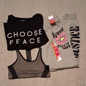 Girls Large 3 Piece Bundle Top, Pants and BraBlack and Gray Sports Bra